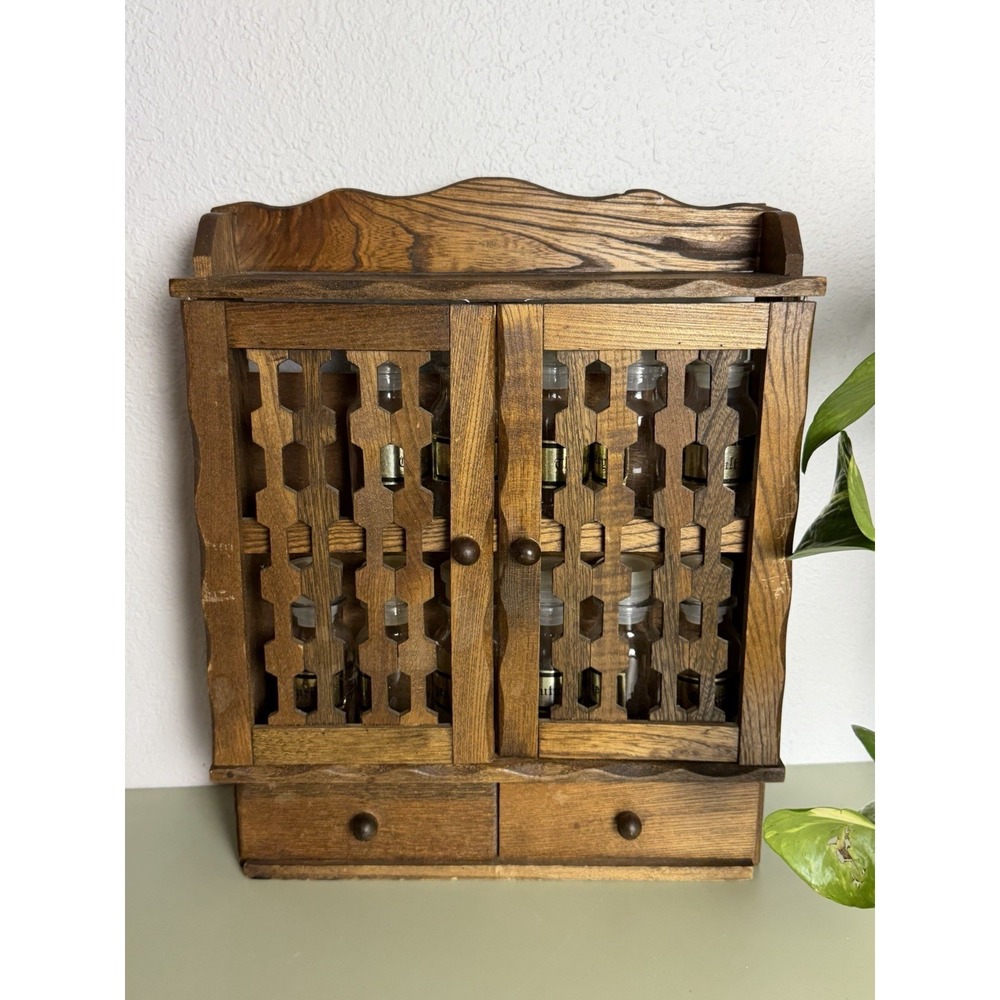 Vintage Japan Wood Spice Cabinet Wall Rack Glass Jars Drawers Apothecary MCM